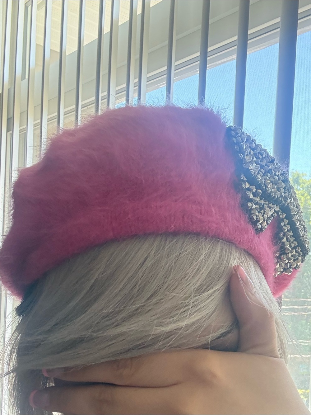 Betsey Johnson Pink Angora Beret with Crystal Bow Accent
